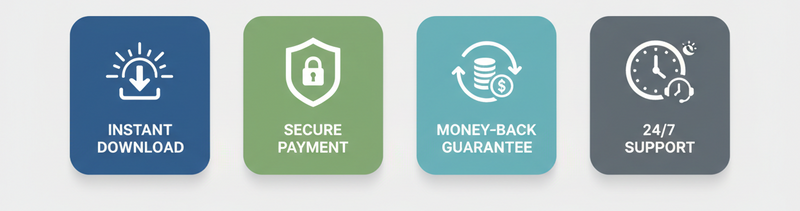 Four icons representing instant download, secure payment, money-back guarantee, and 24/7 support on a light gray background.